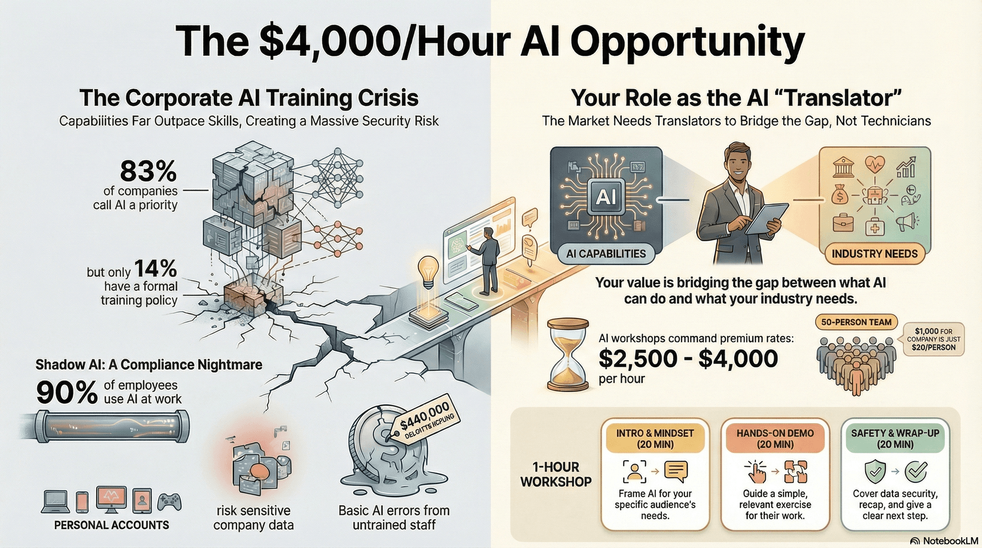 The $4,000/Hour AI Opportunity - Infographic showing corporate AI training crisis and workshop business model